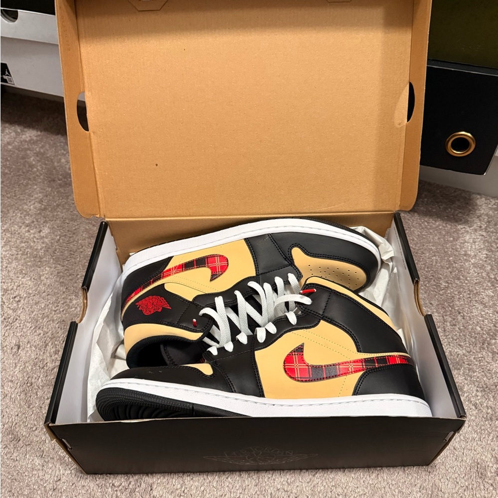 Jordan Air 1 Mid SE Men’s Black and Tan Sneakers with Red Accents